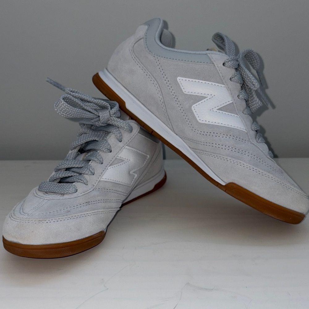 New Balance Light Gray Suede Athletic Sneakers with Gum Soles